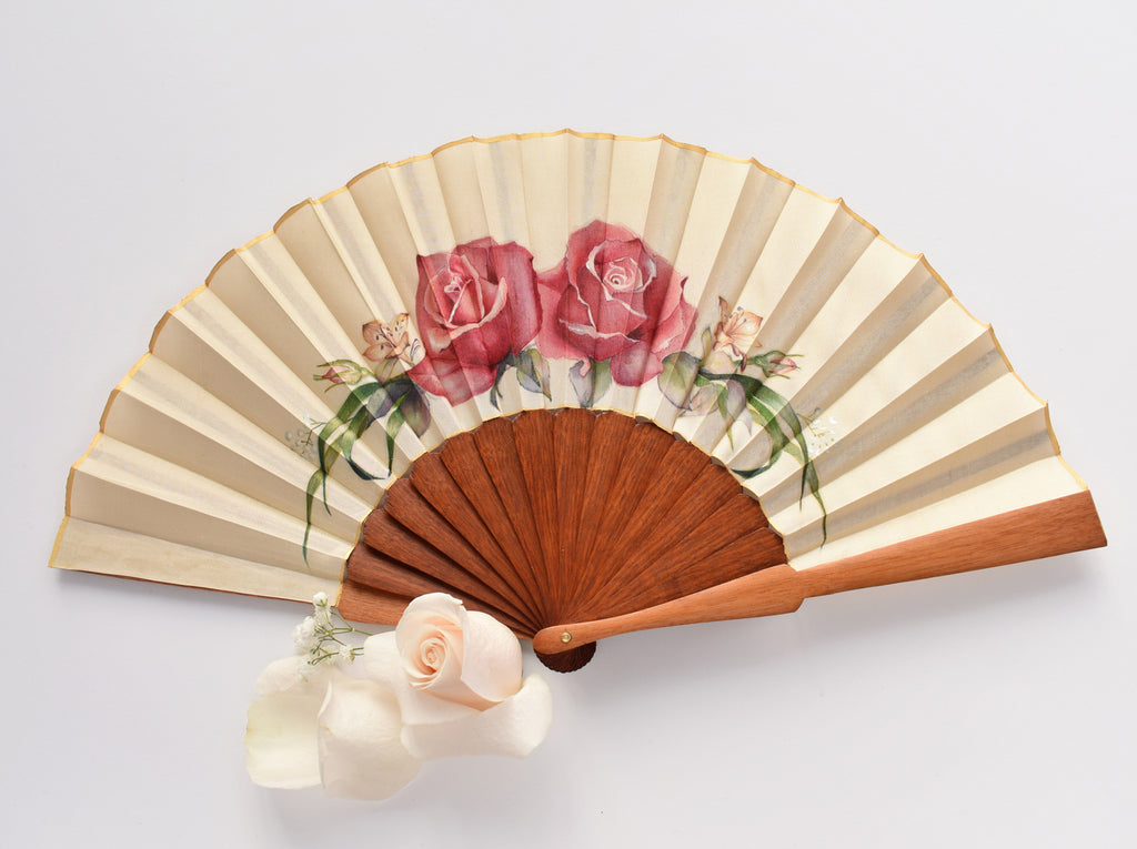 Hand-painted silk fan with floral watercolor roses for brides